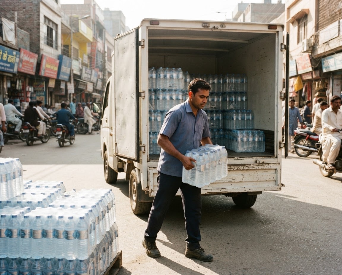 A driver unloading cases of bottled water from a delivery truck