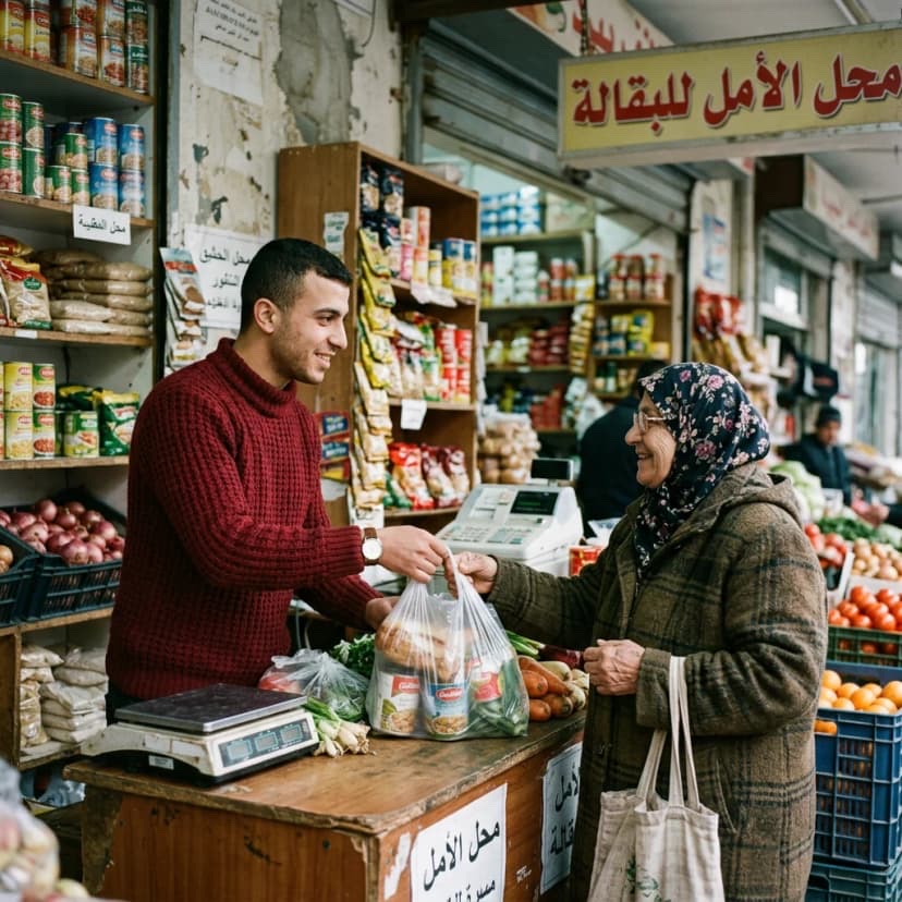 A shopkeeper serving a customer at a neighbourhood grocery