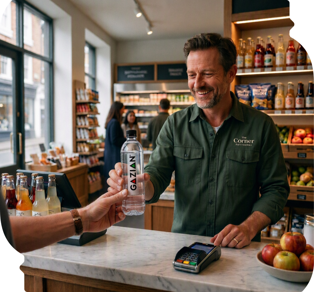 A shopkeeper handing a bottle of Gazian Water to a customer